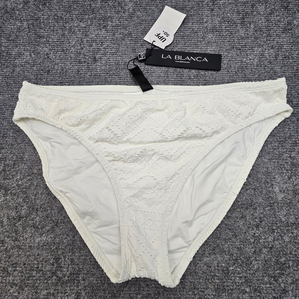 La Blanca Bikini Bottom Womens 16 White Textured Eyelet UPF 50+ Swimwear NEW